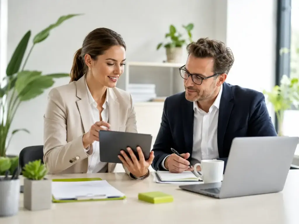 Twee professionals bespreken een registratie of aanmelding aan een bureau met tablet en laptop.