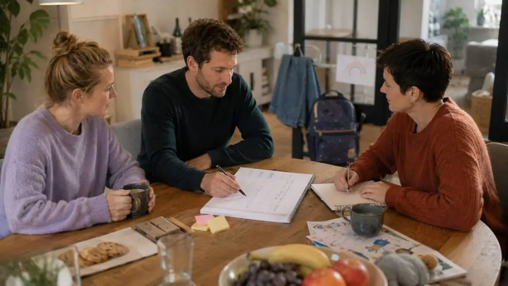 Drie opvoeders bespreken samen de zorgverdeling en afspraken voor een kind