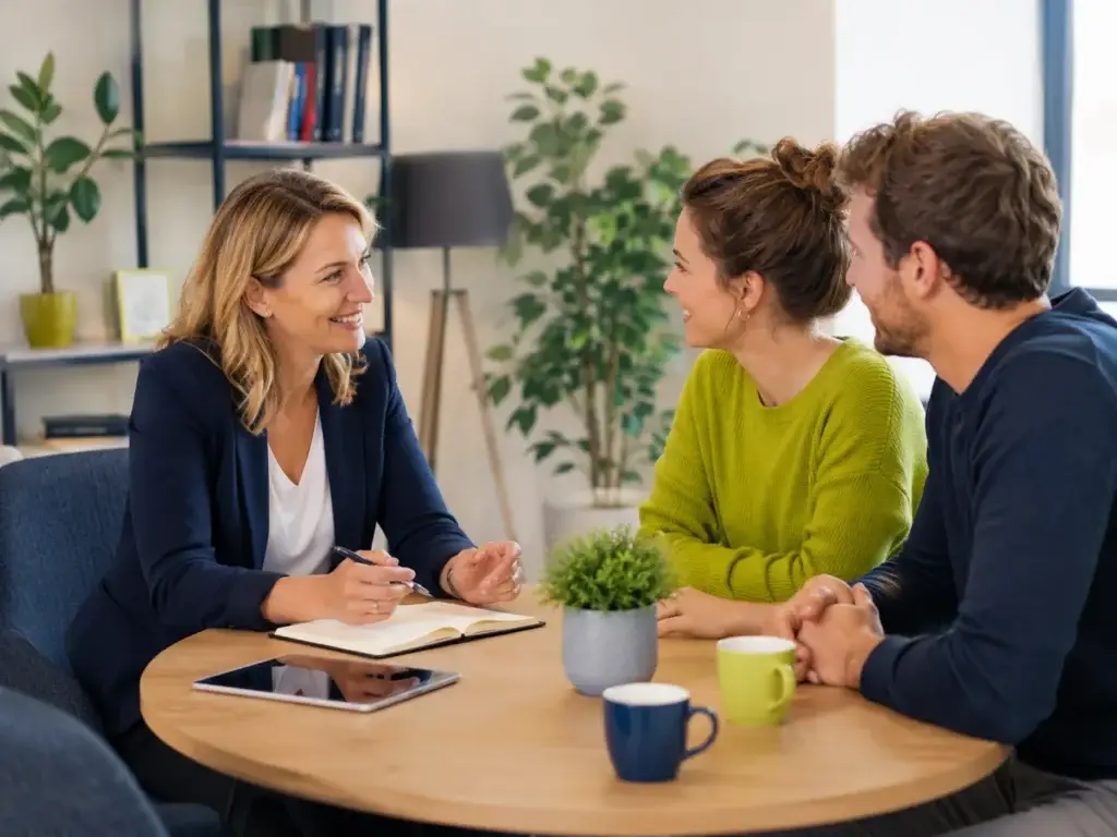 Adviseur van Hip en Wijs in gesprek met een stel tijdens een persoonlijk contactmoment.