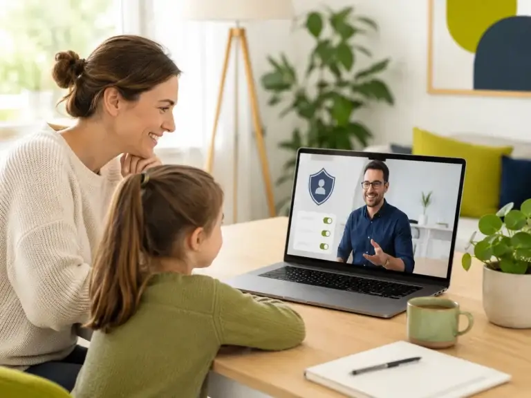 Ouder en kind bespreken online privacy en cookie-instellingen via een laptop met ondersteuning van een adviseur.