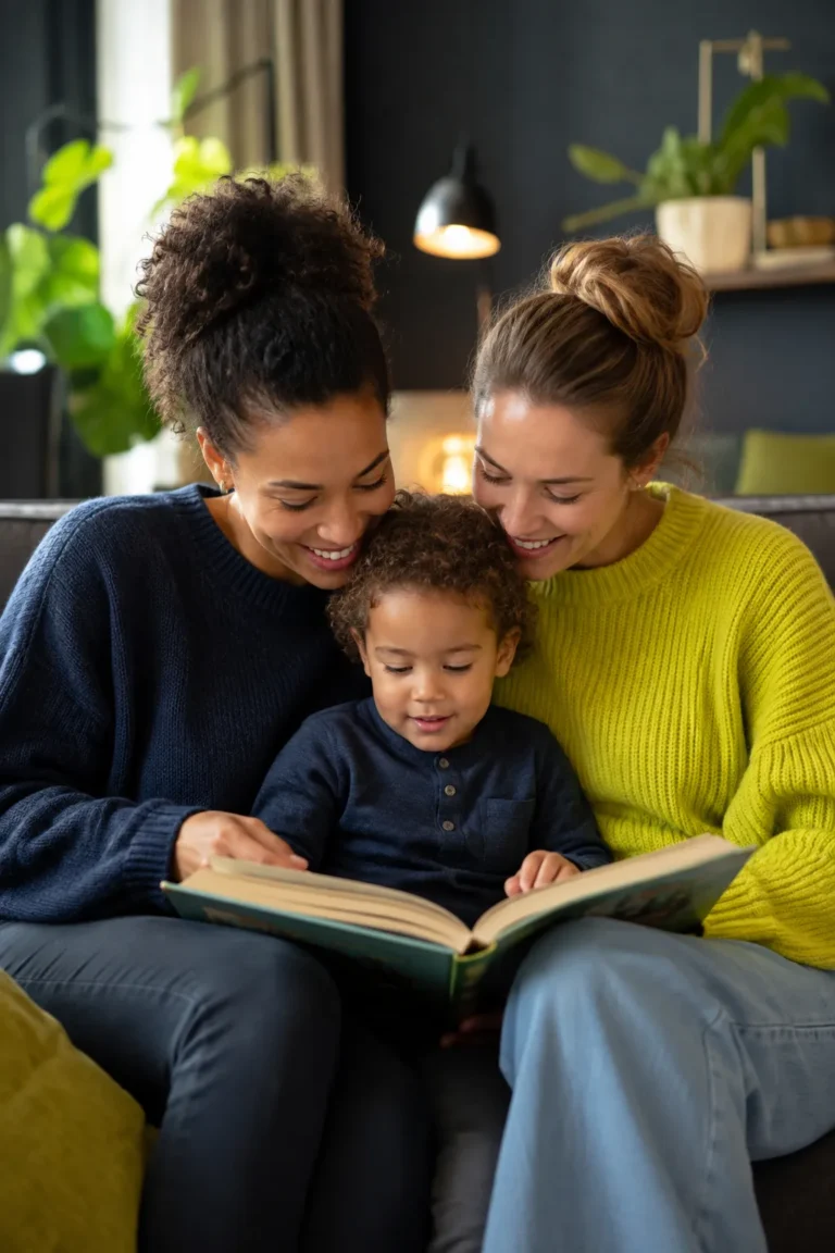 Twee moeders lezen samen met hun kind een boek op de bank