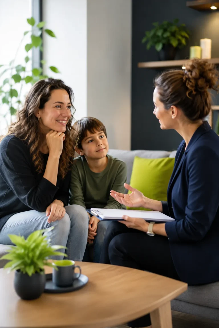 Ouder en kind in gesprek met een familieadviseur in een rustige huiselijke omgeving