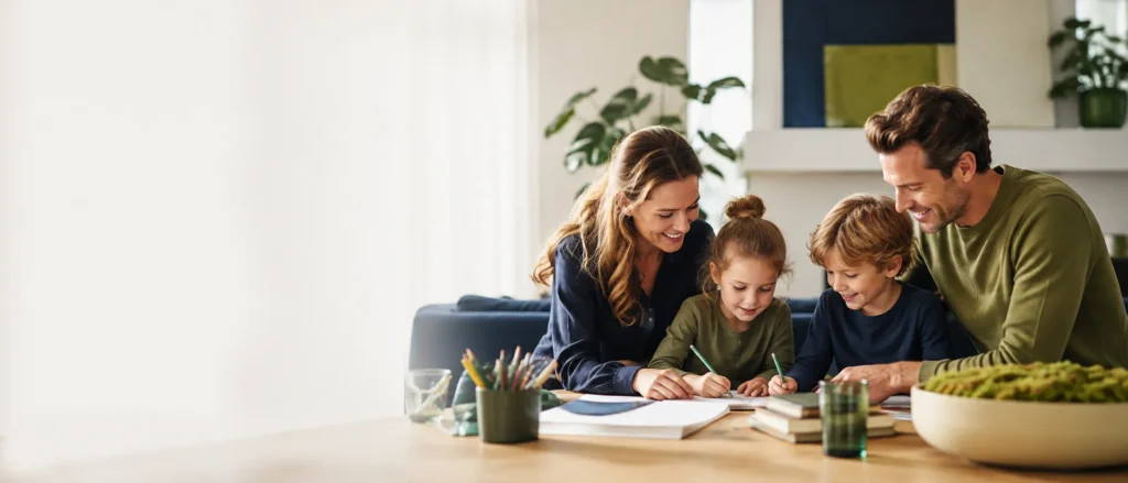 Ouders begeleiden hun kinderen tijdens een creatieve en leerzame activiteit thuis