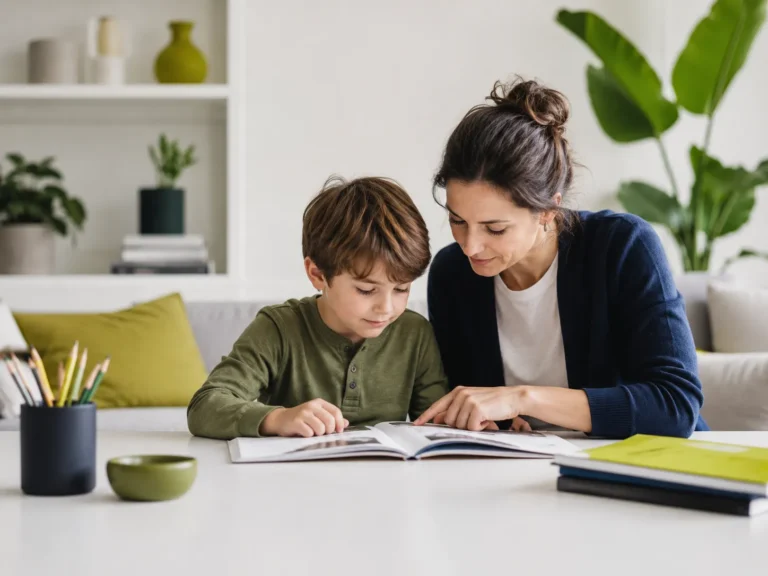 Moeder helpt haar kind bij het lezen en leren aan tafel