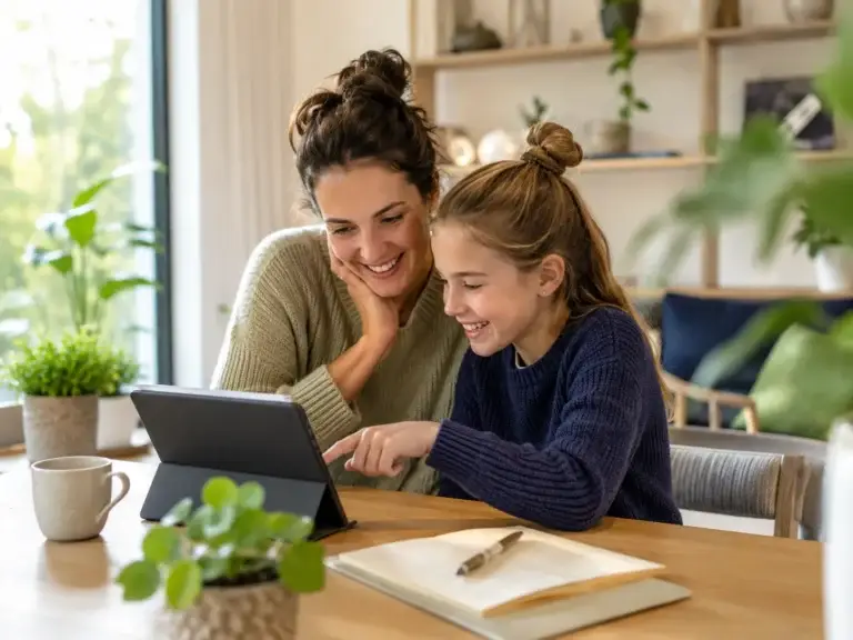 Ouder en kind bekijken samen praktische informatie en inspiratie op een tablet.