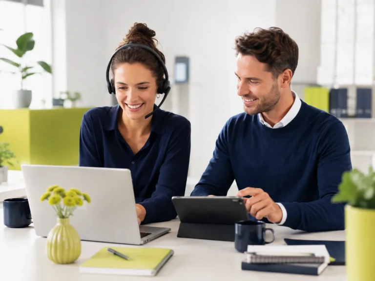 Twee medewerkers van Hip en Wijs ondersteunen online contact en digitale vragen via laptop en tablet.