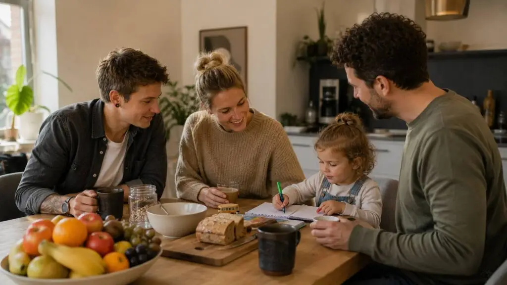 Drie ouders delen thuis de dagelijkse zorg voor een kind in een meeroudergezin