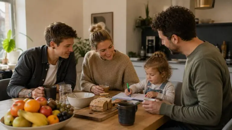 Drie ouders delen thuis de dagelijkse zorg voor een kind in een meeroudergezin