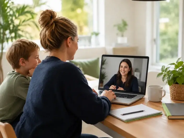 Ouder en kind hebben via een laptop een online videogesprek met een medewerker van Hip en Wijs.
