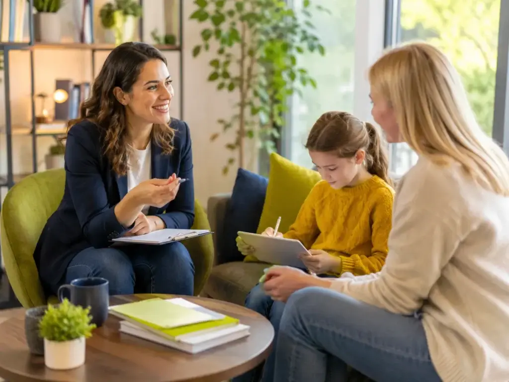 Adviseur van Hip en Wijs spreekt met een moeder terwijl een kind aan tafel op een tablet werkt.