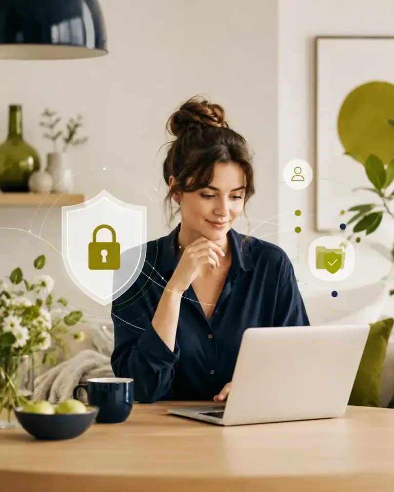 Vrouw gebruikt een laptop in een moderne huiselijke omgeving met subtiele symbolen voor privacy, gegevensbescherming en online veiligheid.