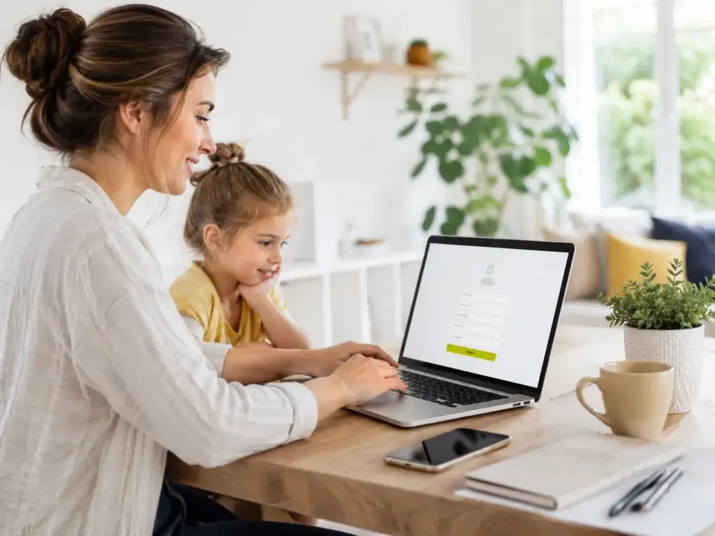 Ouder en kind maken samen een account aan op een laptop in een lichte en huiselijke omgeving.