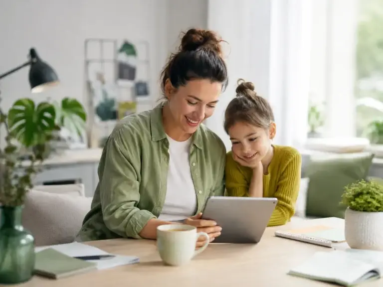 Moeder en kind bekijken samen informatie op een tablet in een warme en huiselijke omgeving.