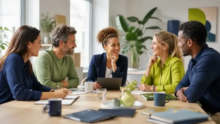 Professionals werken samen tijdens een overleg over gezinnen, opvoeding en ondersteuning.