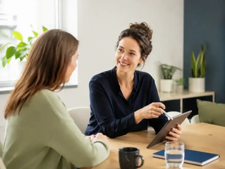 Medewerker van Hip en Wijs beantwoordt vragen tijdens een persoonlijk gesprek met een lezer.